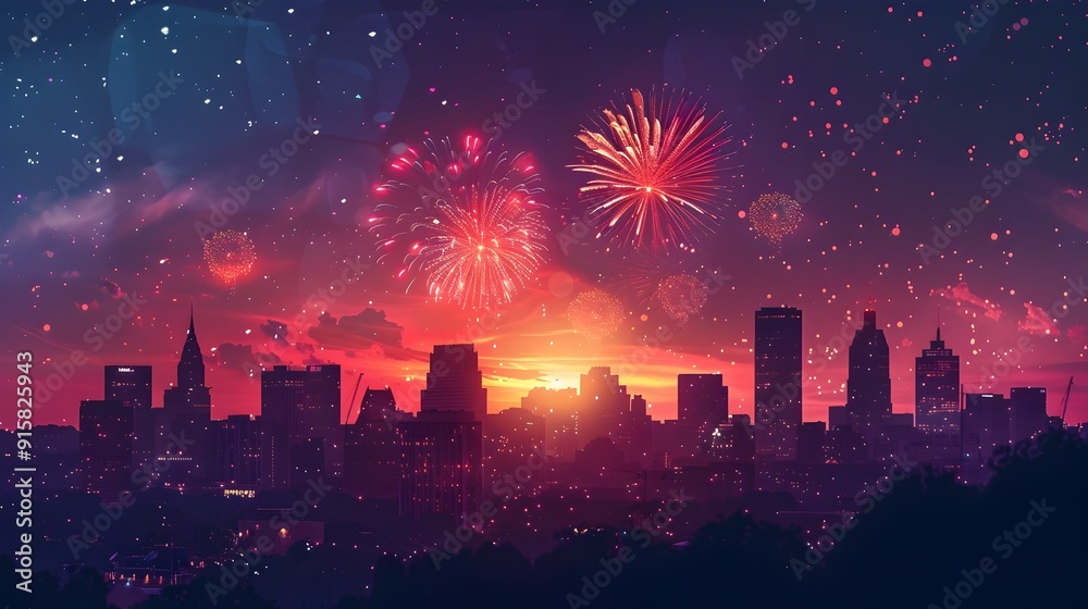 Vibrant Labor Day Fireworks Over City Skyline in Minimalist Art Vibrant Labor Day Fireworks Over City Skyline in Minimalist Art