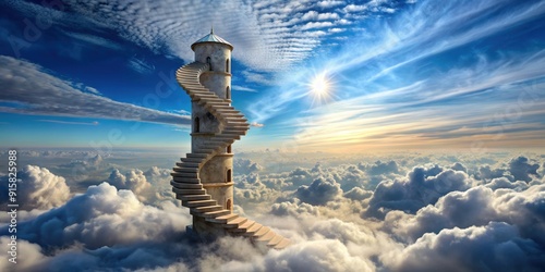 Surreal stone tower optical illusion with spiral staircase leading up into blue clouds and sky photo