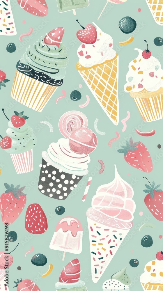 Detailed pattern featuring a variety of ice cream cones, cupcakes, and fruits against a mint background