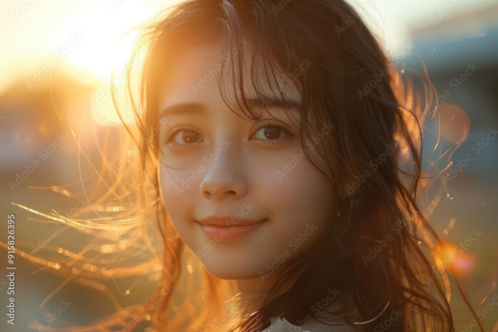 Beautiful young woman with a warm smile standing outdoors surrounded by sunlight, capturing a serene and joyful moment in nature. Beautiful young woman with a warm smile standing outdoors surrounded by sunlight, capturing a serene and joyful moment in nature.