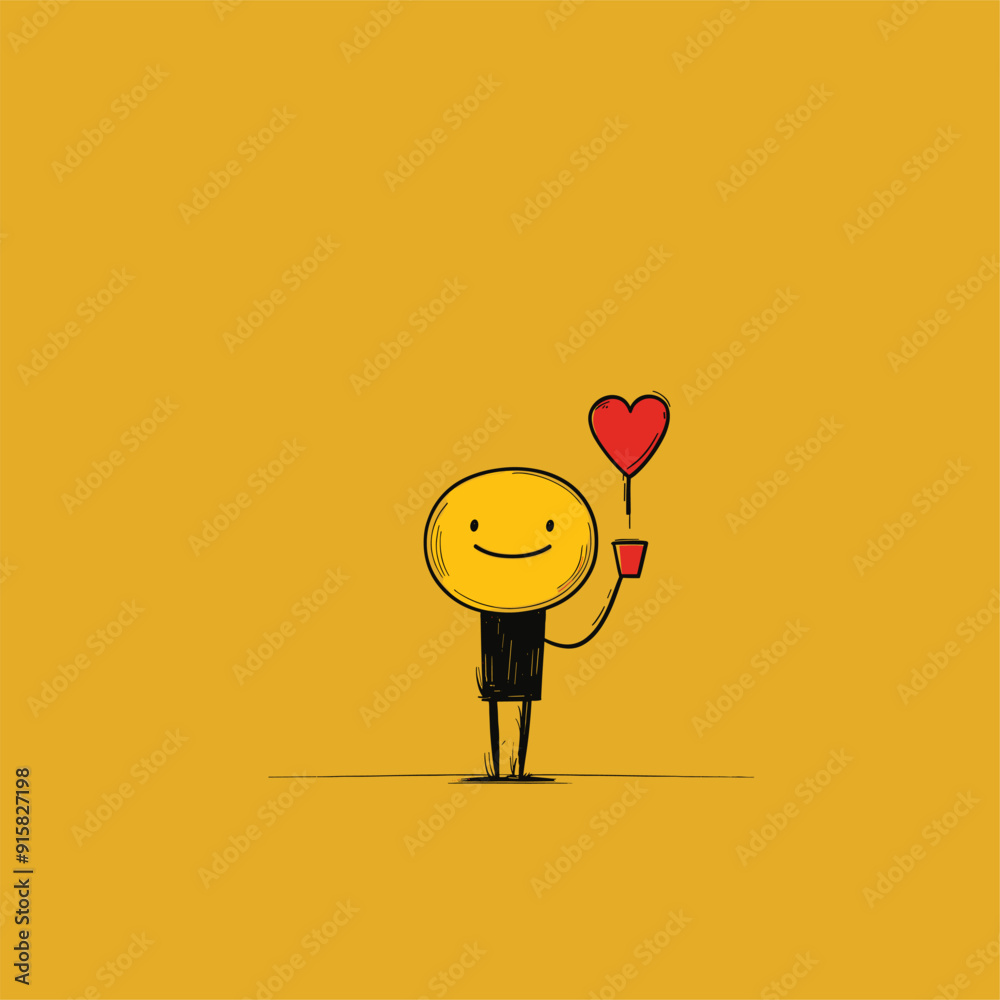 Obraz premium Smiling face holding a heart balloon on a yellow background, minimalist and cheerful. 
