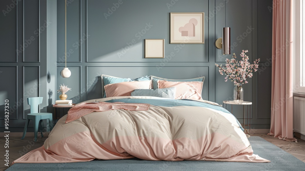 Obraz premium Trendy bedroom with pastel pink, beige, and blue bedding on king-size bed, grey wall backdrop