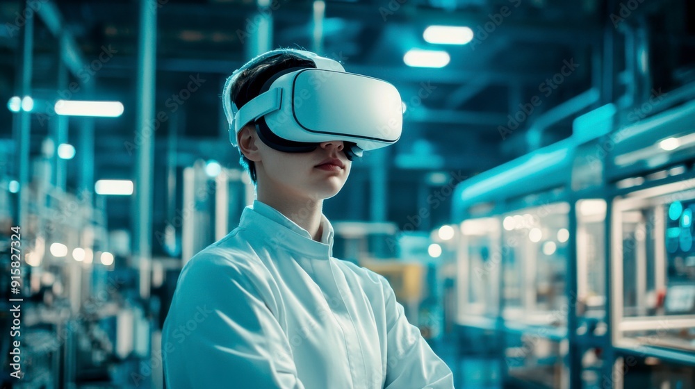 Engineer in a white VR headset at a high-tech factory. The future of manufacturing and innovation Engineer in a white VR headset at a high-tech factory. The future of manufacturing and innovation
