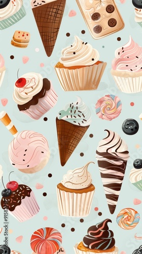 A vibrant design showcases an assortment of ice creams, cupcakes, and candies against a blue backdrop