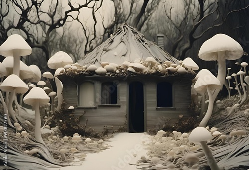 Tiny Houses that are made up of different types of mushrooms with little fairylike creatures living inside of them.