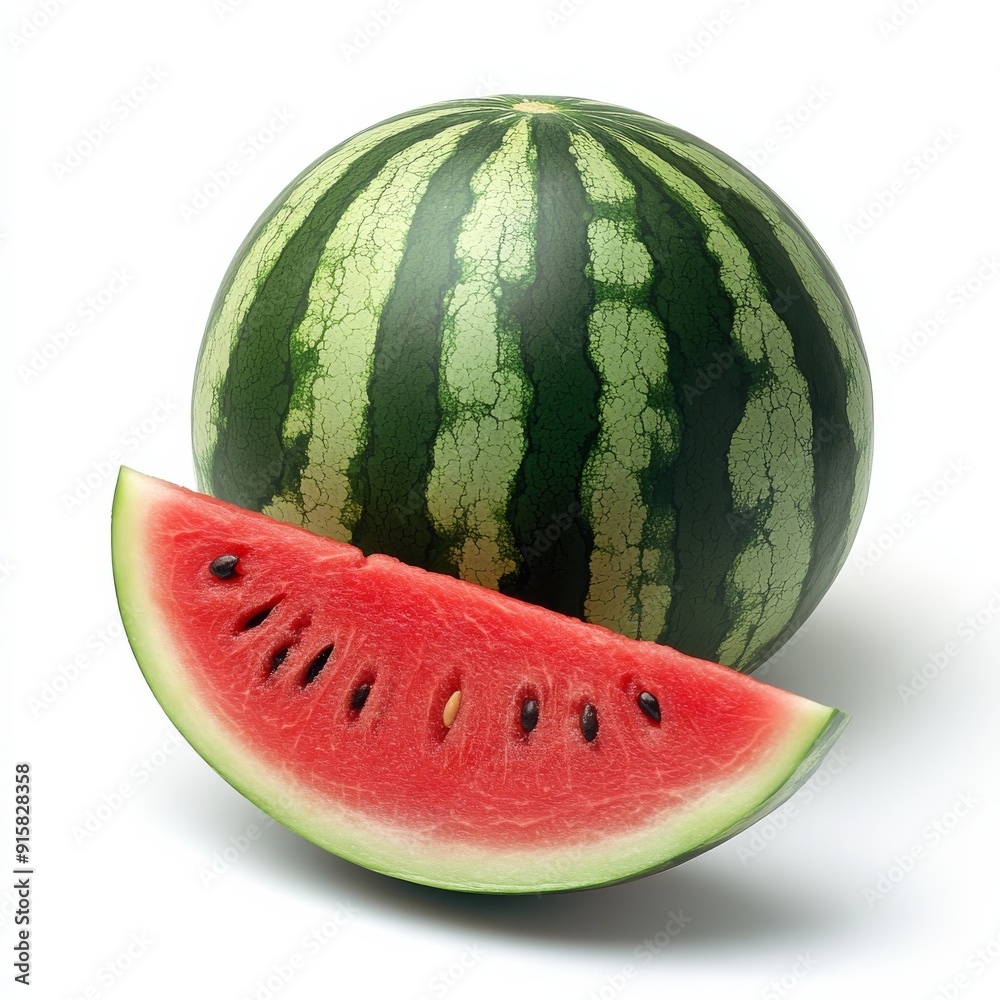 A medium shot of a whole watermelon with a slice cut out, showing the interior, on a white background. A medium shot of a whole watermelon with a slice cut out, showing the interior, on a white background.
