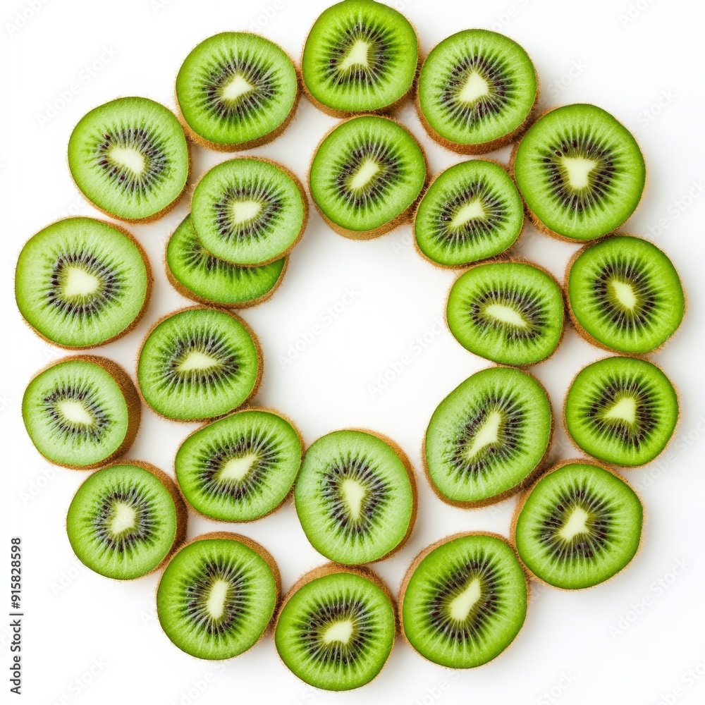 A top view of freshly sliced kiwis arranged in a circular pattern, on a white background. A top view of freshly sliced kiwis arranged in a circular pattern, on a white background.