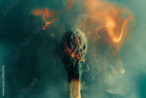 Macro shot of an unlit matchstick with smoke on dark background. Generative AI.