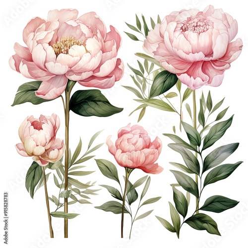 Watercolor illustration of pink peonies and green leaves on white background.
