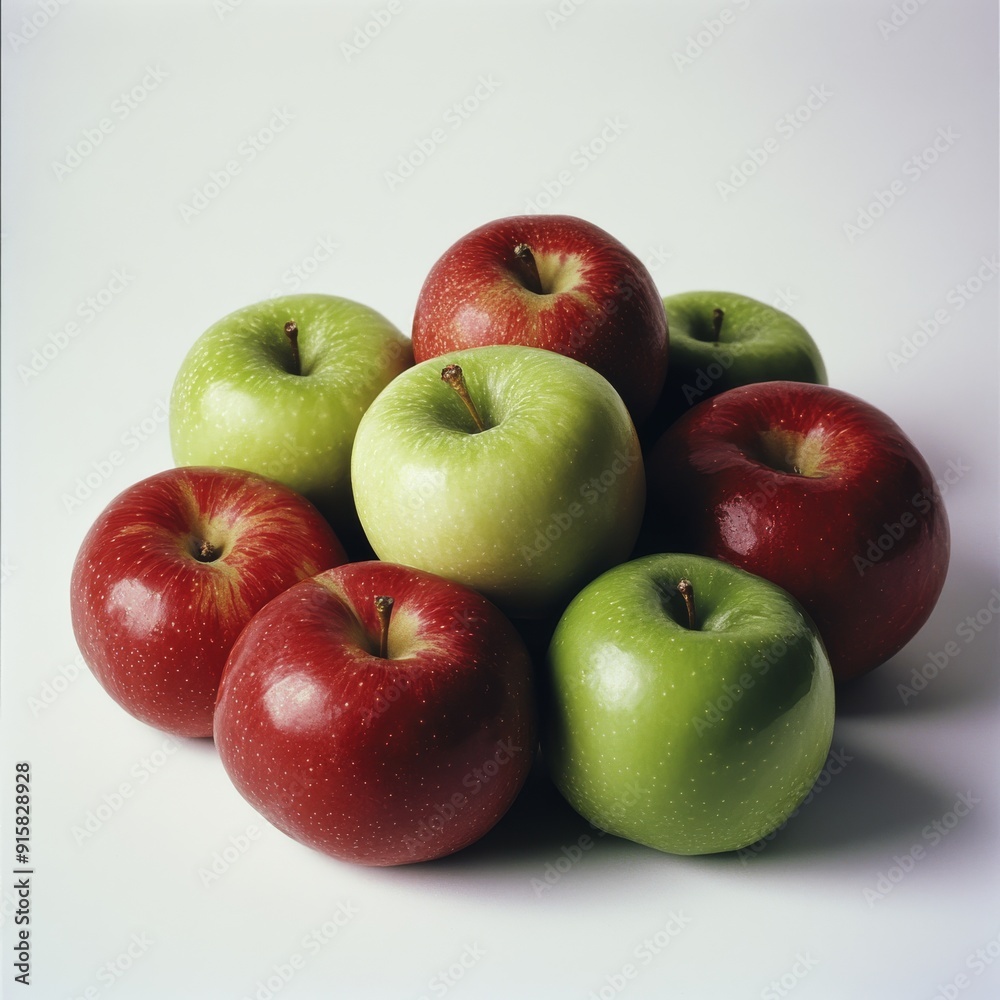 A medium shot of ripe red and green apples placed together, on a white background. A medium shot of ripe red and green apples placed together, on a white background.