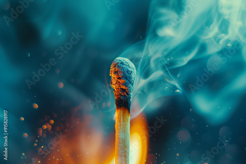 Macro shot of an unlit matchstick with smoke on dark background. Generative AI. photo