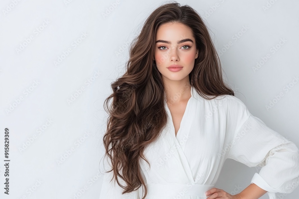 Portrait of a confident woman with long wavy brown hair in a white blouse, standing against a white background. Studio shot of a fashion model. Fashion, beauty, and elegance concept. Design for banner Portrait of a confident woman with long wavy brown hair in a white blouse, standing against a white background. Studio shot of a fashion model. Fashion, beauty, and elegance concept. Design for banner