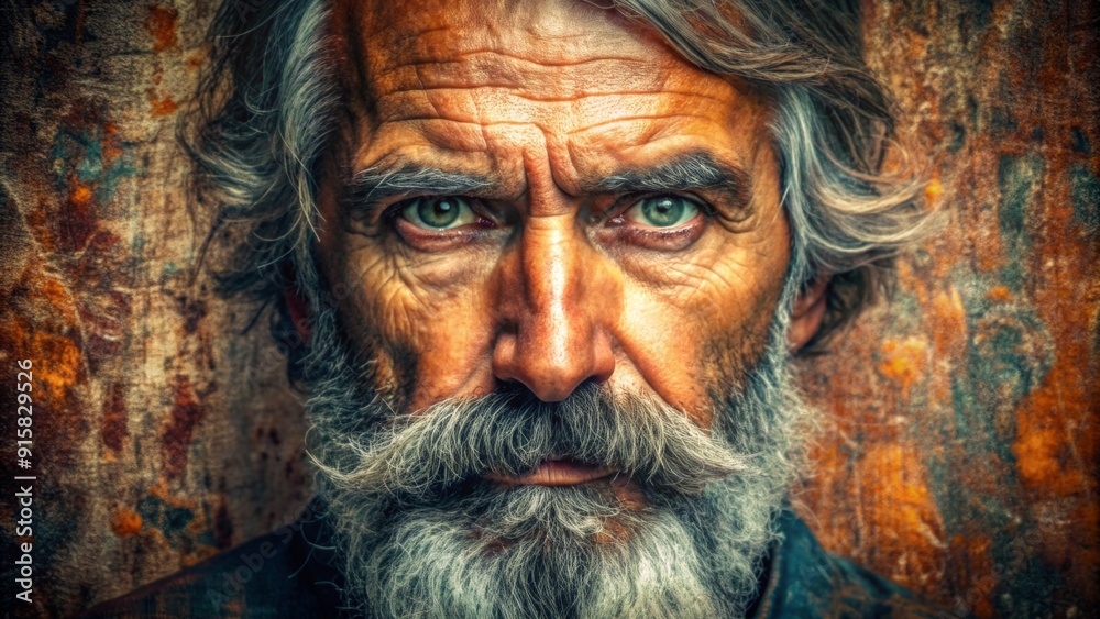 The Wise Eyes of a Rugged Man A Close-up Portrait with a Rusted Background, Aged, Gray Beard, Green Eyes, Intense Gaze, Old Man, Portrait Photography The Wise Eyes of a Rugged Man A Close-up Portrait with a Rusted Background, Aged, Gray Beard, Green Eyes, Intense Gaze, Old Man, Portrait Photography