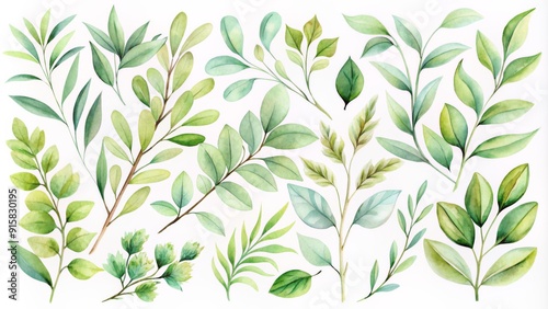 Watercolor Green Leaves Clipart Hand-painted Watercolor Set of 15 Delicate Green Branches and Leaves for Botanical Designs, Nature Illustrations, and Floral Decor
