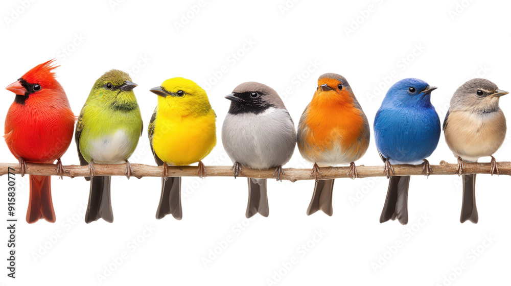 various colored birds on a tree branch, isolated on transparent background, png various colored birds on a tree branch, isolated on transparent background, png