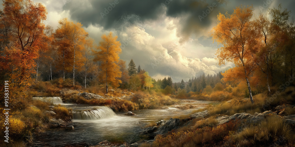 Golden autumn forest with a river and waterfall under dramatic sky. Golden autumn forest with a river and waterfall under dramatic sky.
