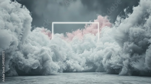 Misty Clouds Surrounding a Bright Frame Above Calm Water at Twilight