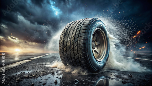 High-energy, gritty, and intense, a close-up of a worn, dirty racing tire screeches to a halt on a dark, grimy asphalt track, surrounded by smudged oil stains. photo