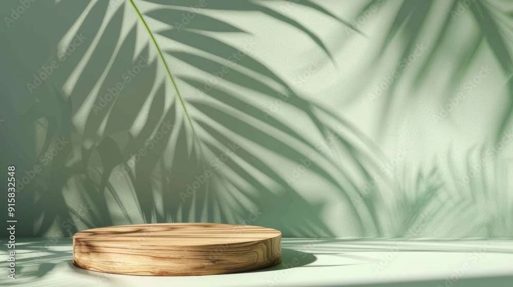 Minimal geometric setting with cylindrical wooden podium, pastel green backdrop, palm leaf shadow, for cosmetic product display. Minimal geometric setting with cylindrical wooden podium, pastel green backdrop, palm leaf shadow, for cosmetic product display.