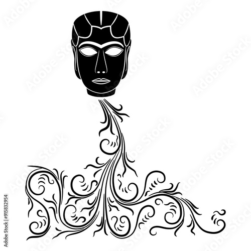 Severed female head of ancient woman or goddess with blood streams from her neck. The Mask from Warka. Lady of Uruk. Black and white silhouette.