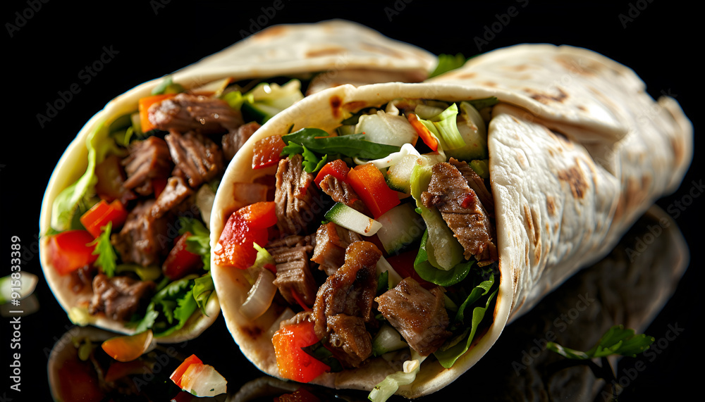 Burritos wraps with beef and vegetables on black background. Beef burrito, mexican food Burritos wraps with beef and vegetables on black background. Beef burrito, mexican food