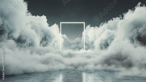 Misty Clouds Surrounding a Bright Frame Above Calm Water at Twilight