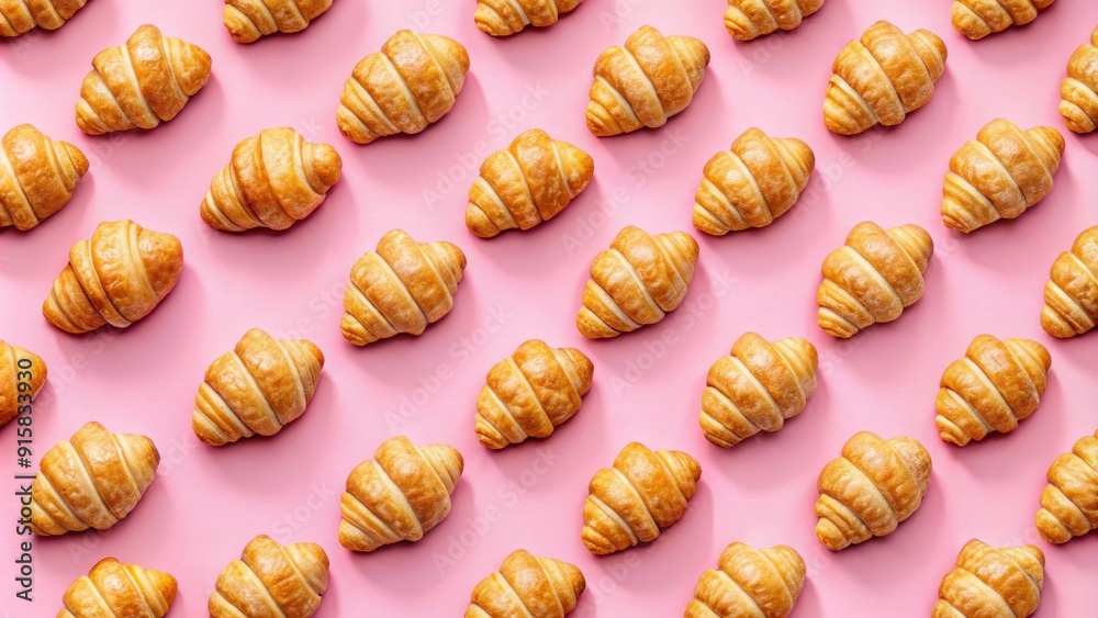 Flat croissant pattern on pink background, croissant, pastry, French, bakery, delicious, breakfast, food, flaky
