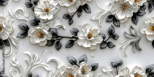 Seamless Elegant 3D Floral Wallpaper Design in White, Gold Flower, and Black Leaves with Sculpted Aesthetic on a Pristine Background. Seamless Tile Flower Wall Sticker