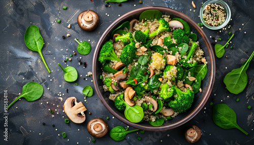 Dietary menu. Healthy vegan salad of vegetables - broccoli, mushrooms, spinach and quinoa in a bowl. Flat lay. Top view photo