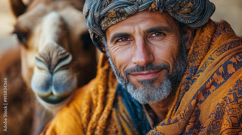 Middle Eastern man with camel close up portrait Middle Eastern man with camel close up portrait