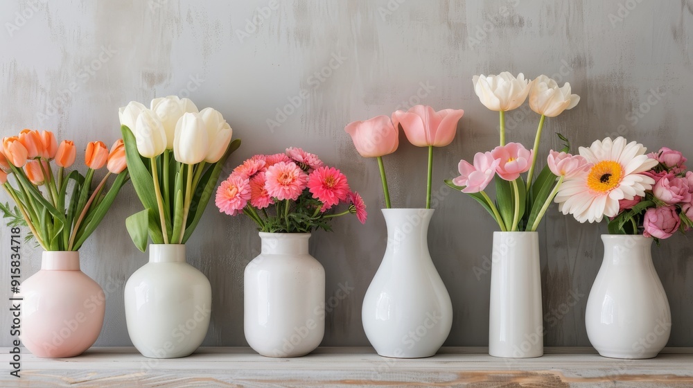 Colorful Flower Arrangement in Glass Jars on Wooden Table Colorful Flower Arrangement in Glass Jars on Wooden Table