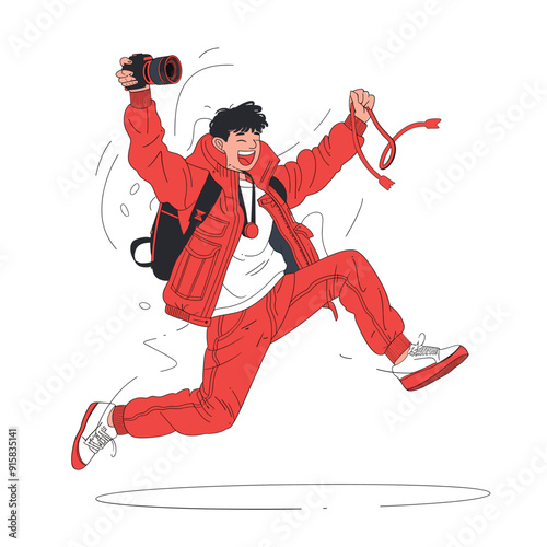 Happy photographer jumping with a camera, wearing red clothes and a backpack, dynamic illustration.
