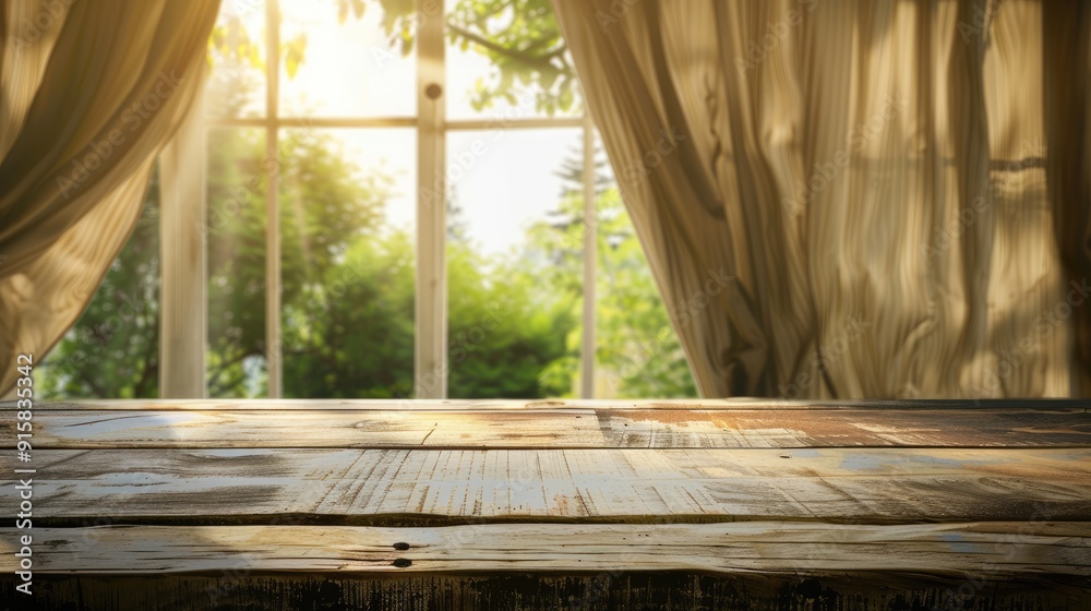 Blank wooden table before a blurred window with curtains Blank wooden table before a blurred window with curtains