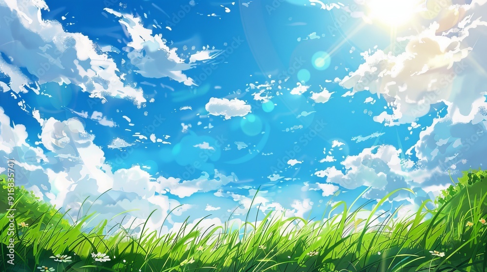 Sunny day weather on beautiful blue sky and green grass. Japanese illustration style. Sunny day weather on beautiful blue sky and green grass. Japanese illustration style.