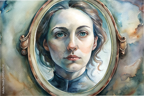 A woman's face is painted on a mirror. The woman's face is painted with a blue eye and a brown nose photo