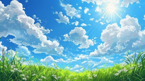 Sunny day weather on beautiful blue sky and green grass. Japanese illustration style.