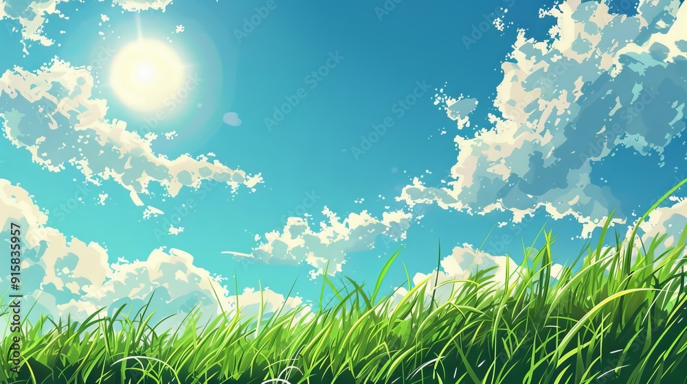 Sunny day weather on beautiful blue sky and green grass. Japanese illustration style. Sunny day weather on beautiful blue sky and green grass. Japanese illustration style.