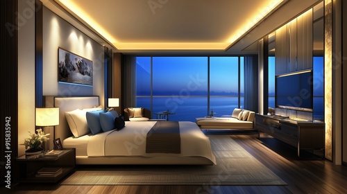 Wallpaper Mural Modern luxury bedroom with ocean view at twilight in a high-rise hotel Torontodigital.ca