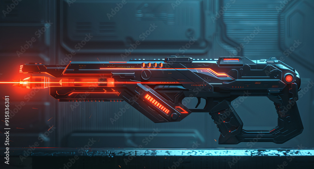Obraz premium Futuristic SciFi Laser Gun in a HighTech Environment, showcasing its sleek design and details