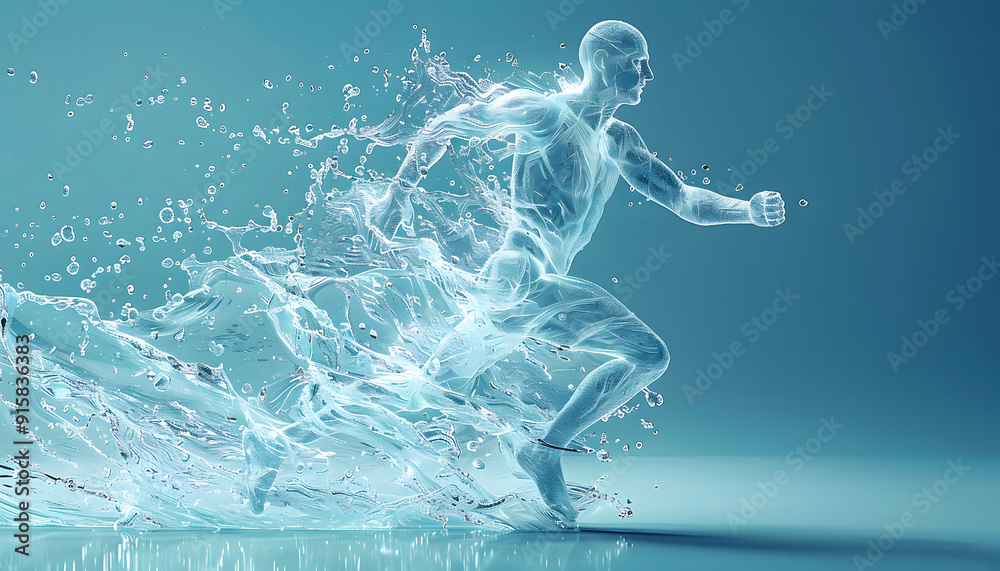 Fototapeta premium The human body shape of a running man filled with blue water on a blue gradient background - sport or fitness hydration, healthy lifestyle or wellness concept design