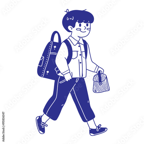 Cute cartoon schoolboy walking with a backpack, blue and white illustration.