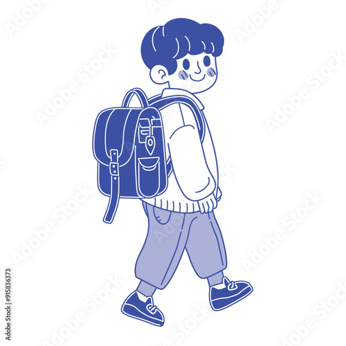 Cute cartoon schoolboy walking with a backpack, blue and white illustration.