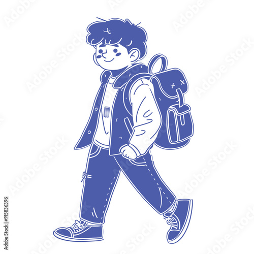 Cute cartoon schoolboy walking with a backpack, blue and white illustration.