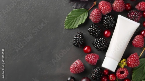 Raspberries and Blackberries Surrounding a White Container on Light Gray Surface