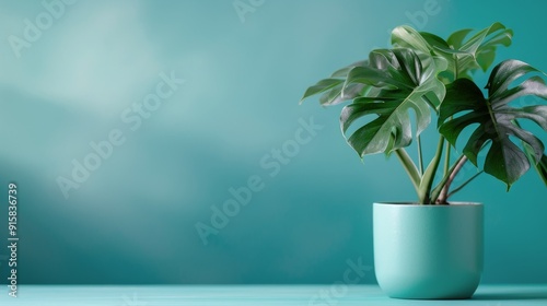 Potted Plant With Green Leaves Against a Teal Wall Background