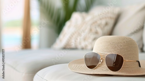 Sunhat and Sunglasses on White Couch by Window in Bright Living Room