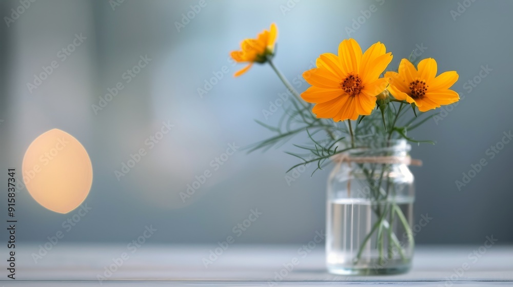 Bright Yellow Flowers in a Clear Vase Against a Green Background