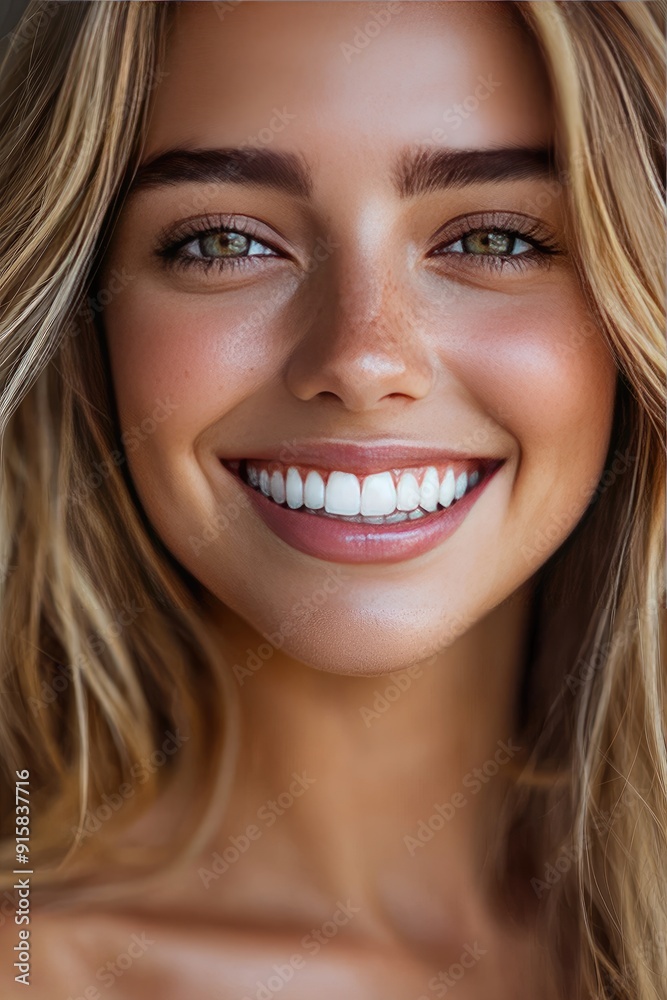 close-up of a woman behind a snow-white smile. Selective focus
