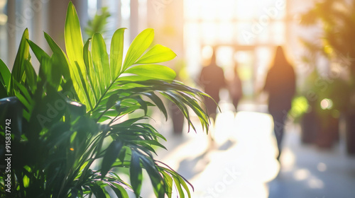 Bright blurred photo of green plants in a modern office interior with people walking around