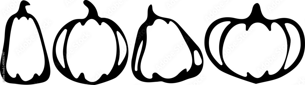 set of autumn pumpkins of various shapes drawn with black outline in abstract style, vector set of autumn pumpkins of various shapes drawn with black outline in abstract style, vector
